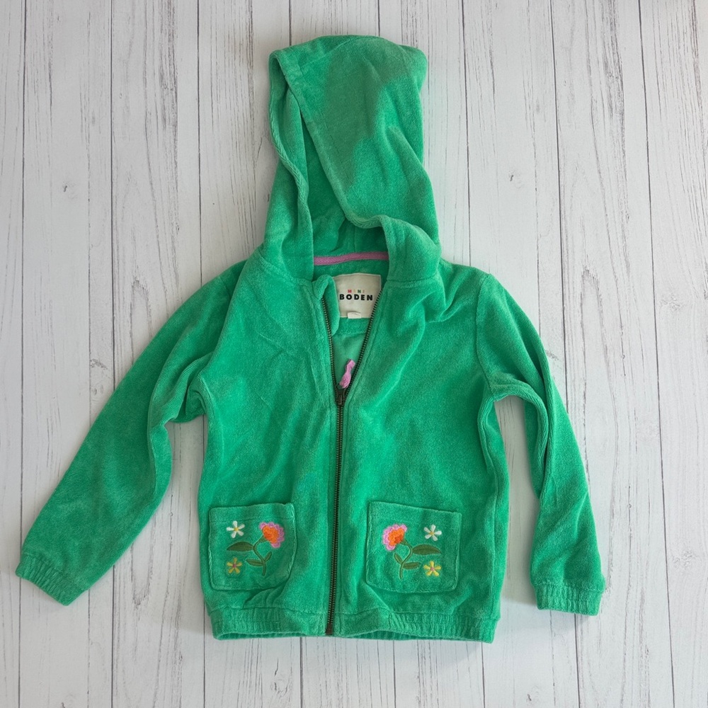 Green Terry Hooded Zip-Up Jacket with Floral Pockets